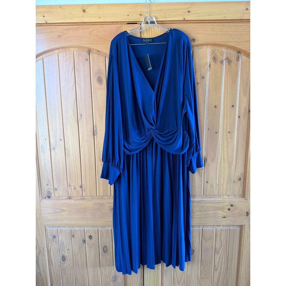 Eloquii Royal Blue Pleated Twist Front Midi Dress Plus Sz 32 Long Sleeve V-Nek